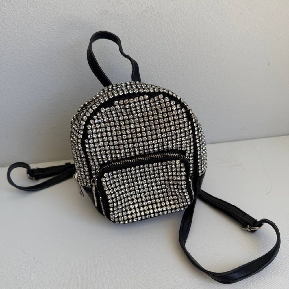 MMS Mini Rhinestone Backpack Black Sparkly Studded Crossbody Bag